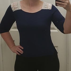 dELiA*s Navy Blue 3/4 Sleeve Top Lace Shoulder Size L